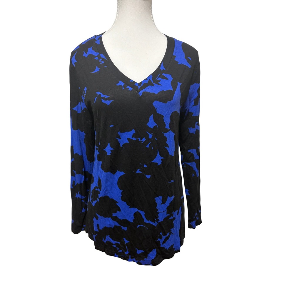 Longyuan Womens V Neck Long Sleeve Tunic Top Blue Black Floral Abstract Medium